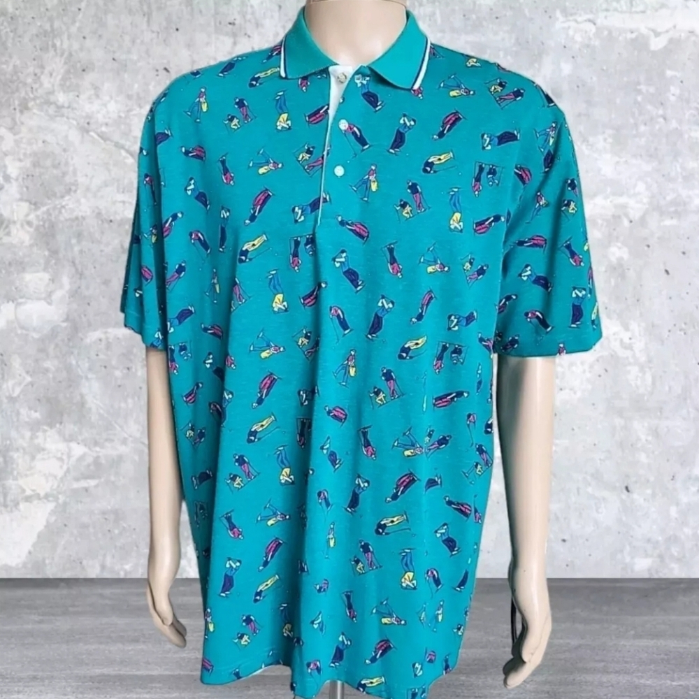 Vintage Chip Beck Polo Shirt Men XL Green Golf Active Golfer All Over Print USA
